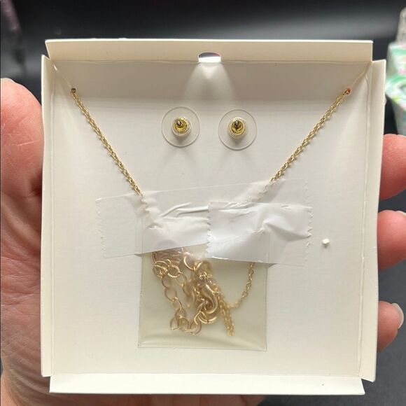 NEW Lilly Pulitzer Necklace Earring Set Gold Crystal Sparkling Palm Trees - Picture 3 of 7